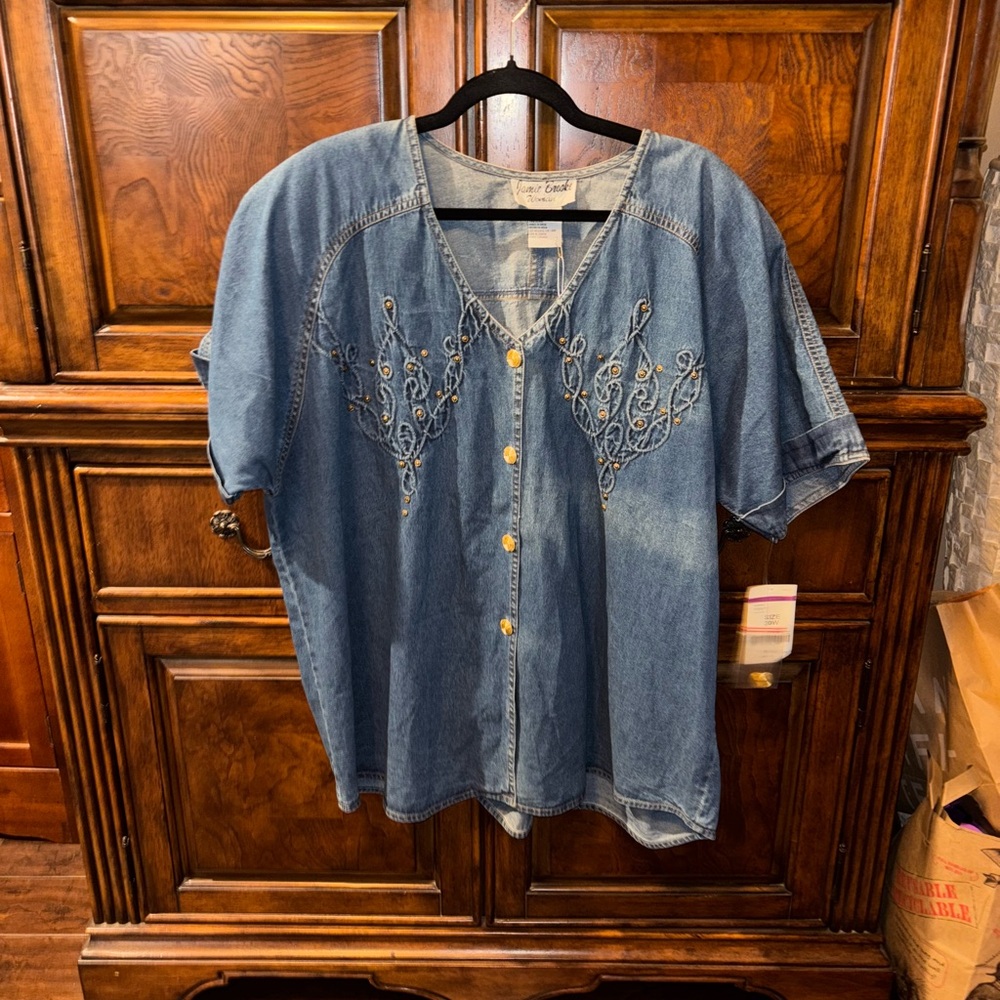Vintage Jamie Brooke Women Embroidered Denim Button-Up Top NWT
